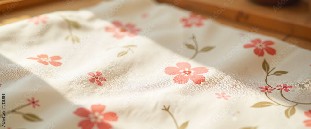 Floral patterned fabric showcasing delicate blossoms in a bright, natural light setting Floral patterned fabric showcasing delicate blossoms in a bright, natural light setting