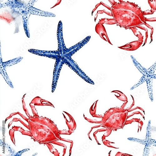 A stunning, contemporary seamless underwater design featuring watercolor red crabs and starfish. photo