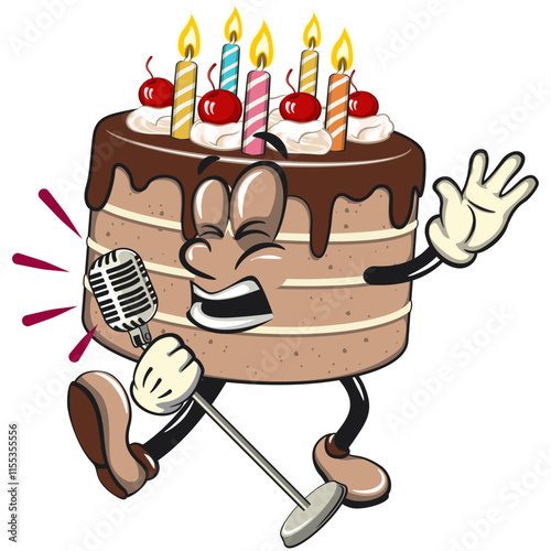 cute birthday chocolate cake cartoon character mascot sing earnestly with maximum style, work of hand drawn