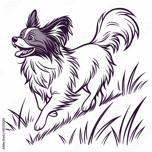 A playful illustration of a Papillon dog running joyfully through a grassy field, showcasing its lively and energetic nature in a vibrant, dynamic scene.