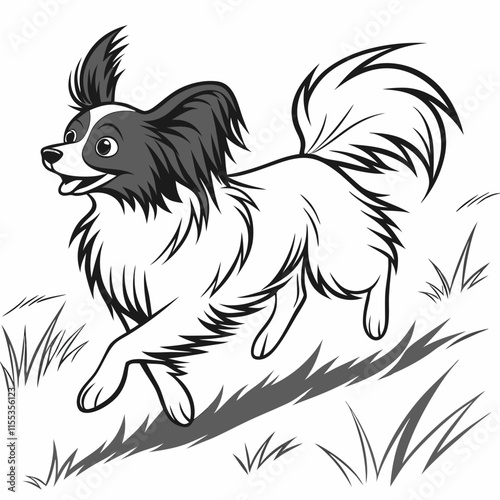 A playful illustration of a Papillon dog running joyfully through a grassy field, showcasing its lively and energetic nature in a vibrant, dynamic scene.
