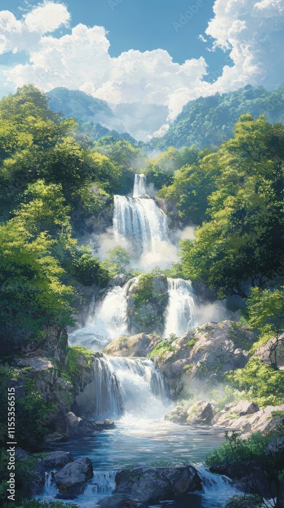 Fototapeta premium Anime style waterfall cascade in lush forest vibrant nature art serene environment dynamic viewpoint