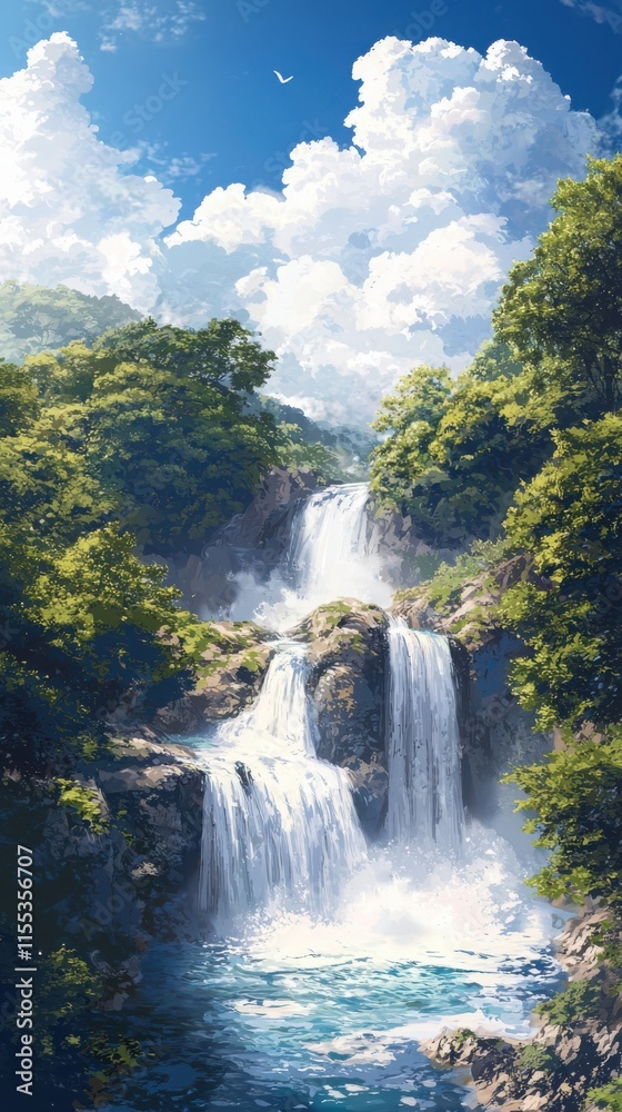 Majestic waterfall cascade in lush forest anime style art vibrant colors tranquil environment scenic view Majestic waterfall cascade in lush forest anime style art vibrant colors tranquil environment scenic view