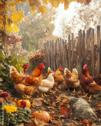 Free-range chickens exploring autumn garden sanctuary