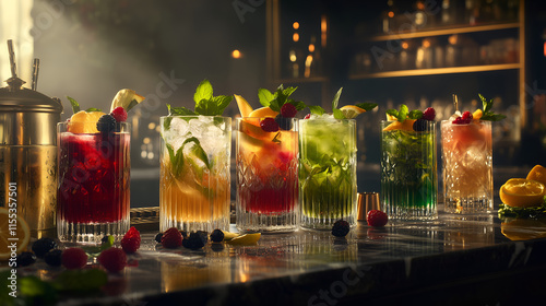 Vibrant mocktail bar with fresh fruits and herbs display photo