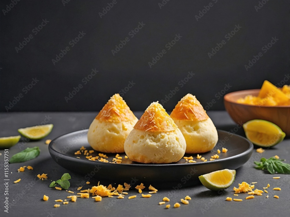 Pão de Queijo placed on a matte black plate.