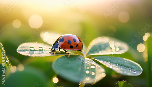 A solitary ladybug perches gracefully on a clover leaf, surrounded by tiny dew droplets that sparkle in the warm sunlight. This tranquil moment captures nature's beauty at dawn