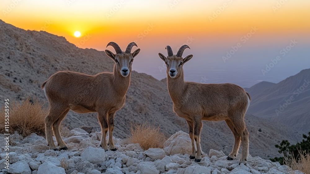 Fototapeta premium Two Nubian ibex at sunset in mountains.