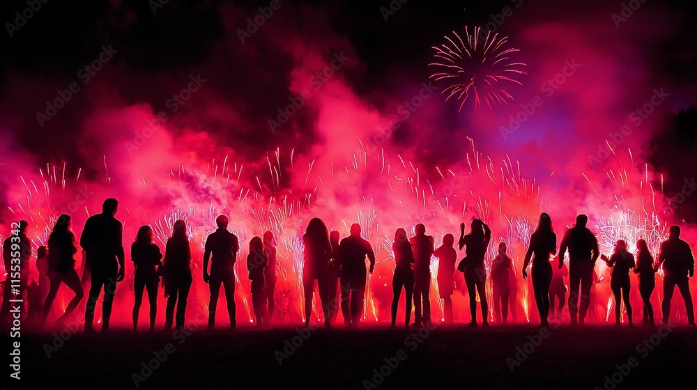 Silhouetted crowd watching vibrant fireworks display at night. Silhouetted crowd watching vibrant fireworks display at night.