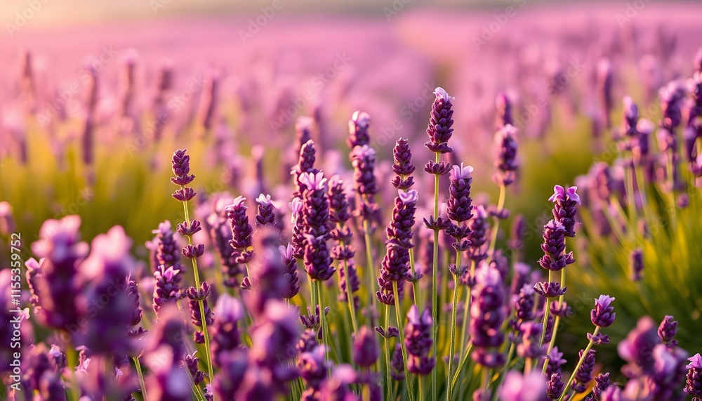 Fototapeta premium Close-up of a vibrant lavender field at sunrise.