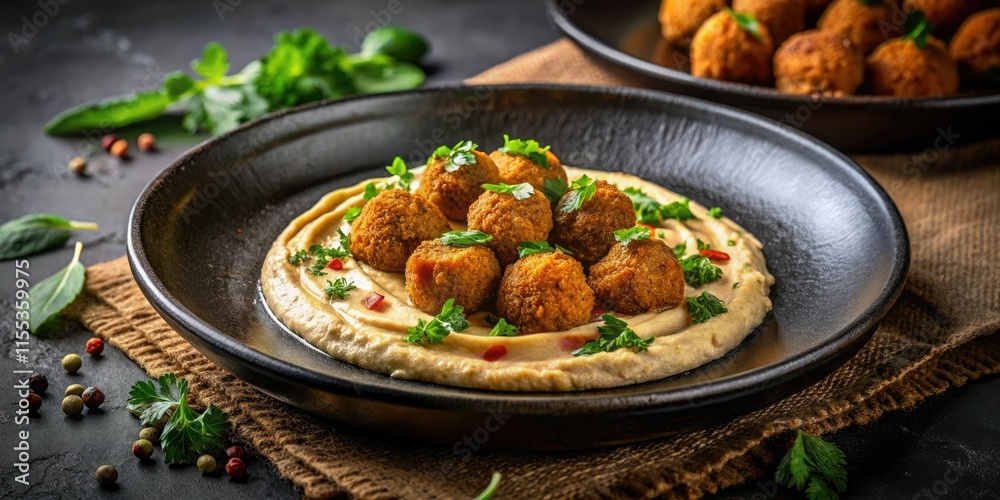 Delicious Falafel Hummus: Middle Eastern Food Photography, Black Plate, Culinary Art