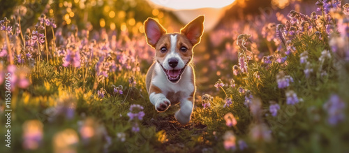 dog puppy running between flowers in spring