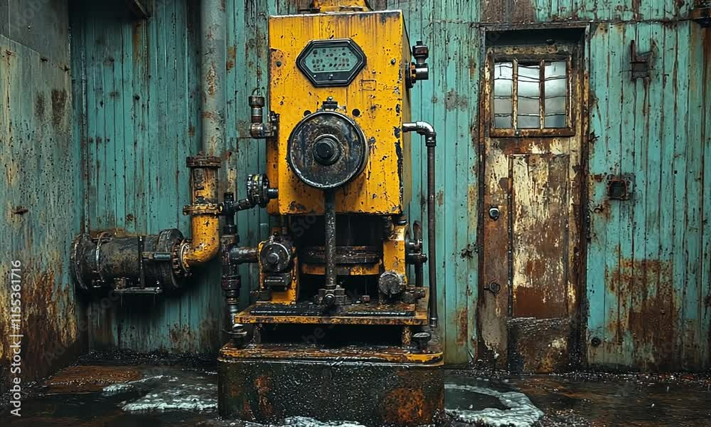 Industrial yellow machine against a weathered wall and door.
