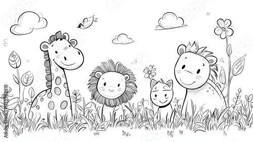 Coloring page of Cute Cartoon Animals in Fun Landscape with Flowers and Clouds photo