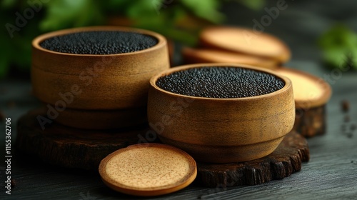 Two wooden bowls filled with black seeds, on a dark wooden surface, with out-of-focus greenery in the background. photo