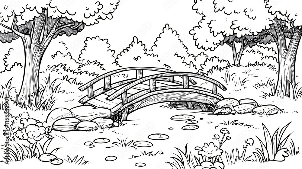 Obraz premium Coloring page of Bridge in Scenic Forest Landscape