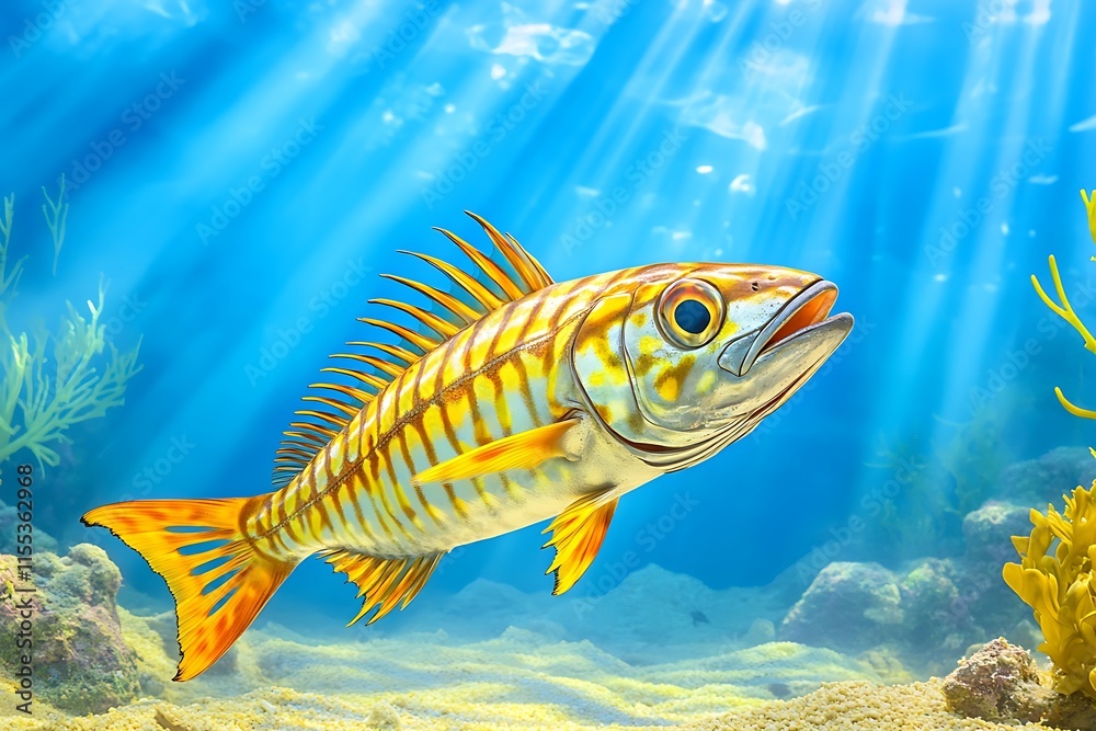 Naklejka premium Colorful Mackerel Fish Swimming in Clear Ocean Water