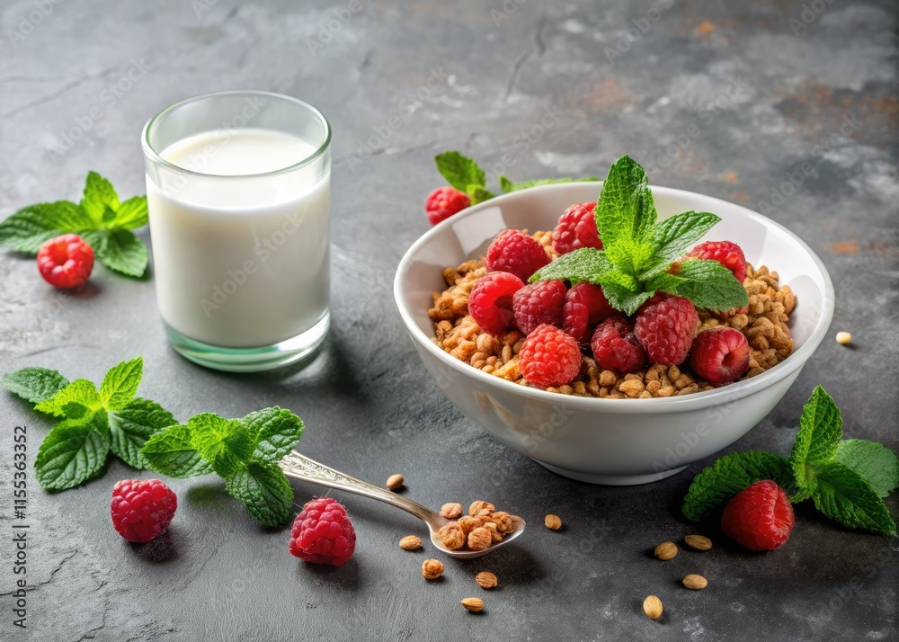 Healthy Breakfast Cereal Bowl, Milk, Yogurt, Raspberries & Mint - Stone Background Stock Photo Healthy Breakfast Cereal Bowl, Milk, Yogurt, Raspberries & Mint - Stone Background Stock Photo