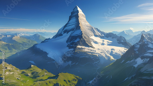 Matterhorn peak at misty dawn. Zermatt, Switzerland, Generative AI
