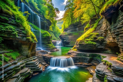 High-definition photography captures Watkins Glen's stunning waterfalls and Seneca Lake's depth. photo