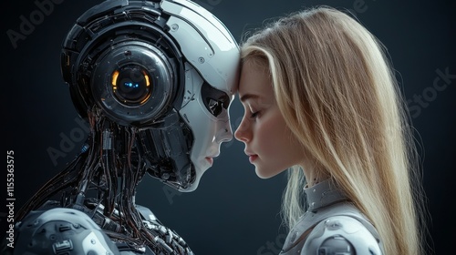 Robot and a woman facing each other tenderly