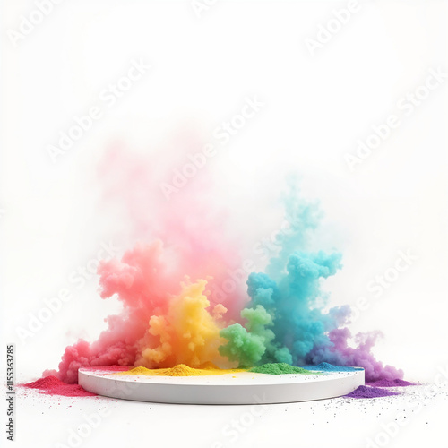 festive template for indian festival of colors holi, empty white round podium in the center among multicolored bright colors and colorful smoke