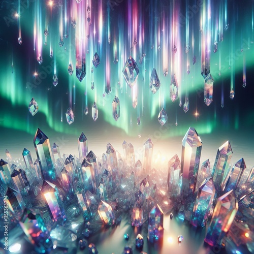 15 Crystals of various shapes and colors descend from a shimmeri photo