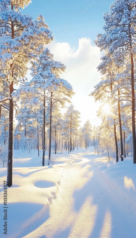 Golden Hour Sunlight Through Snow Covered Pine Trees in a Serene Winter Forest Landscape Golden Hour Sunlight Through Snow Covered Pine Trees in a Serene Winter Forest Landscape