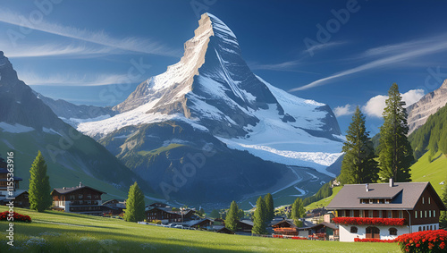 Matterhorn peak at misty dawn. Zermatt, Switzerland, Generative AI
