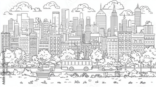 Coloring page of City Skyline with Trees, Cars, and Clouds