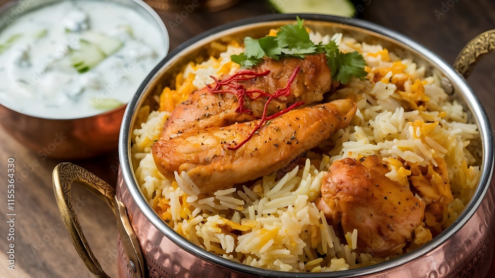 Aromatic chicken biryani with saffron, served in a traditional copper vessel alongside a bowl of cooling raita Aromatic chicken biryani with saffron, served in a traditional copper vessel alongside a bowl of cooling raita