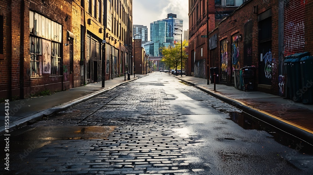 Fototapeta premium Sunlit Urban Alleyway with Historic Red Brick Buildings in a Modern Cityscape : Generative AI
