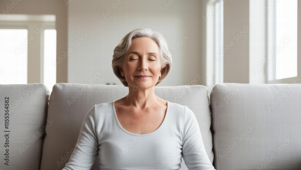 serene middle aged woman practices mindfulness meditation on comfortable sofa in bright, modern living room, enjoying moment of relaxation and inner peace serene middle aged woman practices mindfulness meditation on comfortable sofa in bright, modern living room, enjoying moment of relaxation and inner peace