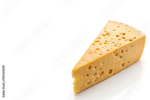 Swiss Cheese Wedge Placed on Right Side on White Background - Iconic Dairy Delight with Signature Holes photo