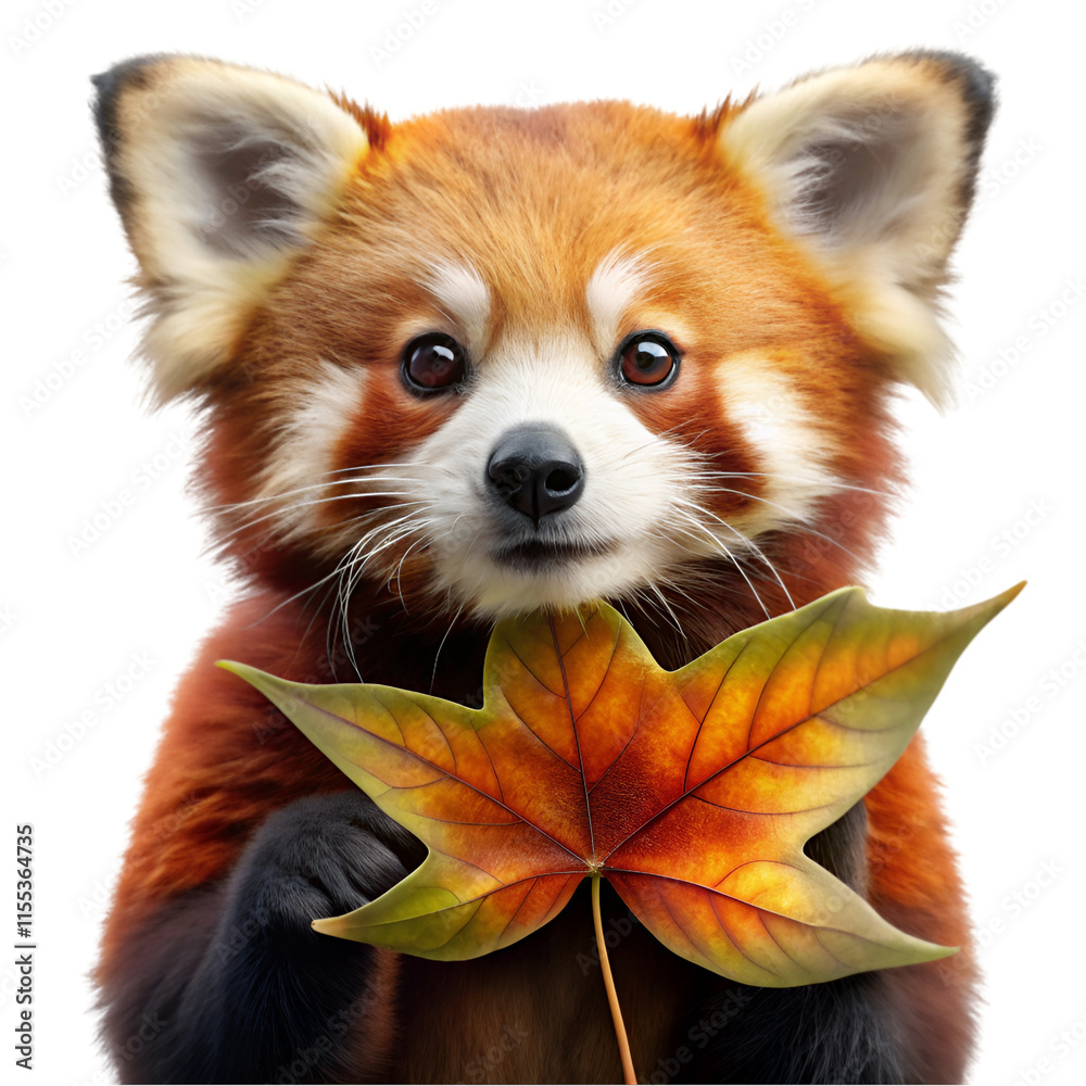 Obraz premium Red panda holding a leaf in his hand isolated on transparent background