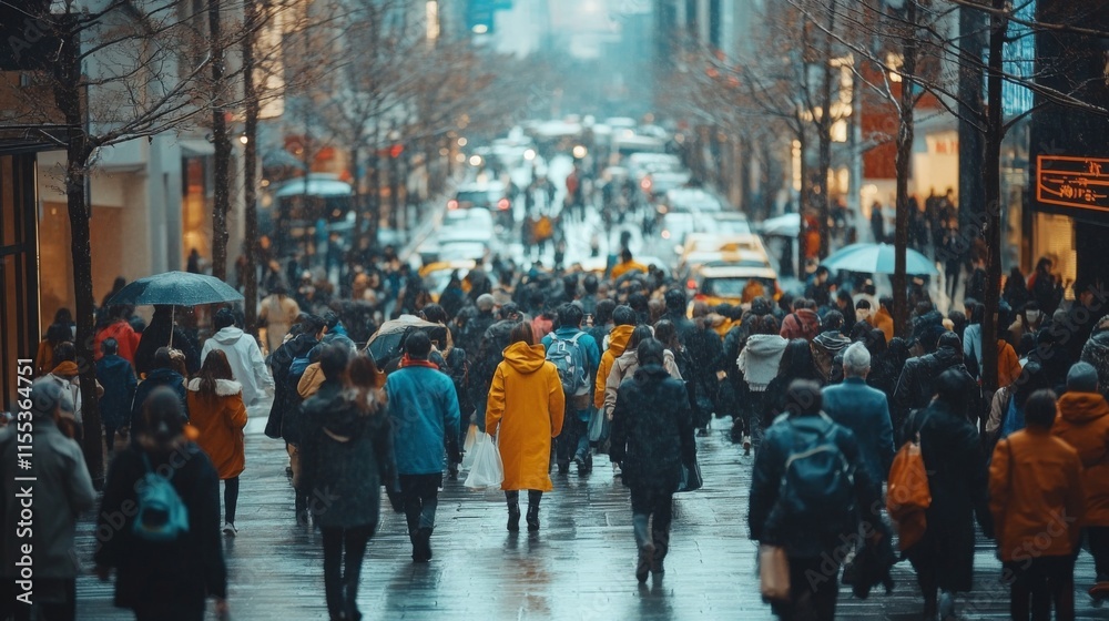 Obraz premium Crowded city street with diverse people walking in winter clothes