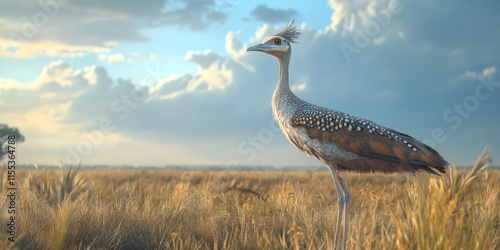 A Majestic Presence: A Kori Bustard surveys its domain, its regal stance and striking plumage commanding attention against the backdrop of a vast African landscape photo