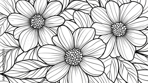 Wallpaper Mural Coloring page of Floral Pattern with Flowers and Leaves in Black and White Torontodigital.ca