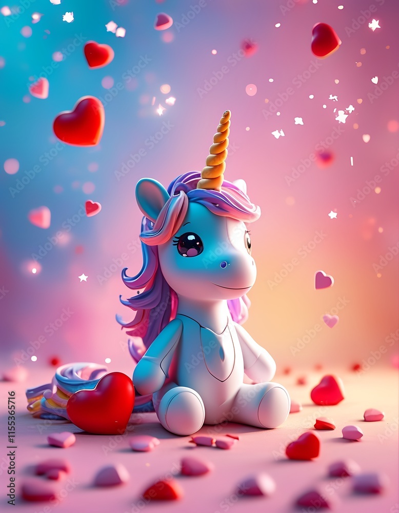 Fototapeta premium Cute unicorn figurine surrounded by colorful hearts and stars in a whimsical setting