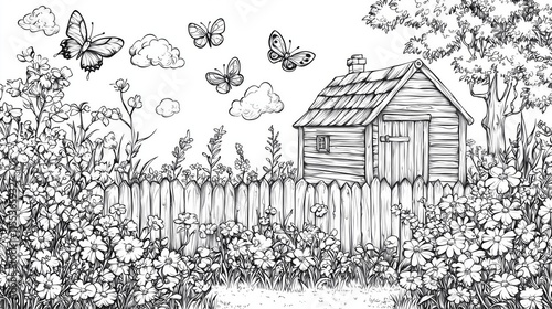 Coloring page of Charming Garden Scene with Butterflies and a Cozy Cottage