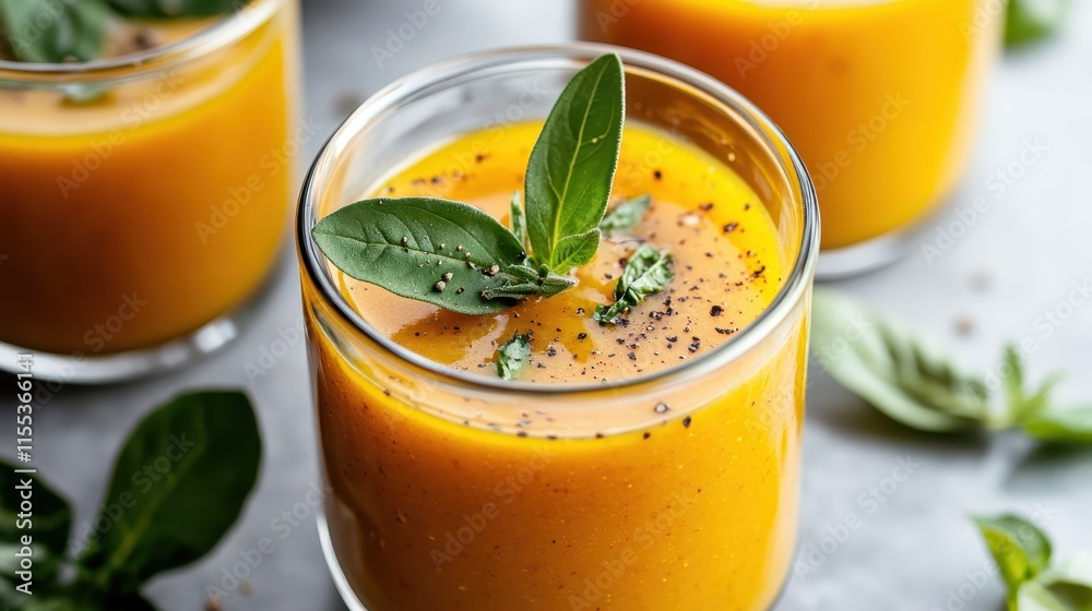 A jar containing vibrant orange soup garnished with fresh green herbs, creating an appealing and healthy presentation that delights the senses. A jar containing vibrant orange soup garnished with fresh green herbs, creating an appealing and healthy presentation that delights the senses.