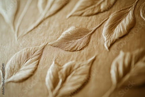 The image highlights a textured golden surface adorned with a detailed raised leaf pattern, showcasing an exquisite balance of elegance and natural artistry. photo