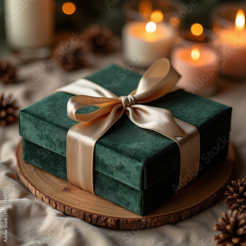 A stylish green gift box paired with a luxurious candle for new year celebration