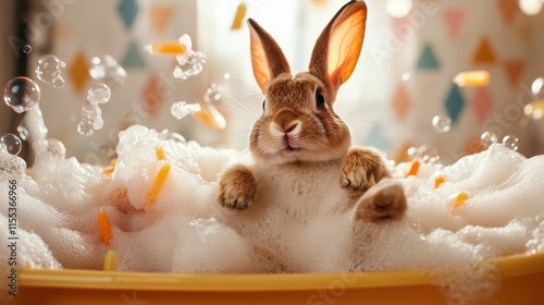 A fun-loving rabbit lies amidst floating bubbles and scattered orange balls in a colorful bathtub, creating a vibrant atmosphere of joy and carefree delight. photo