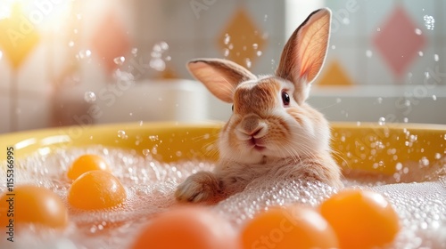 A playful rabbit is joyfully surrounded by foam and floating orange balls in a vivid yellow tub, creating a captivating and whimsical bath time scene. photo