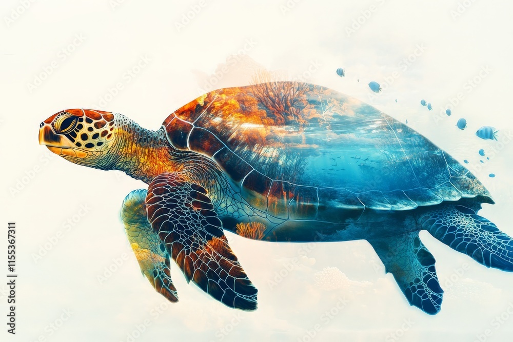 Fototapeta premium A sea turtle glides through a vibrant underwater world, showing an enchanting blend of coral reefs and marine life, exquisitely illustrating the ocean's rich tapestry.