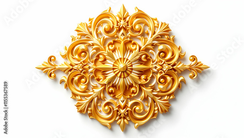 A gilded, ornate, rococostyle wall decoration. Intricate gold details and swirling patterns create a luxurious, decorative element. Isolated on white. photo