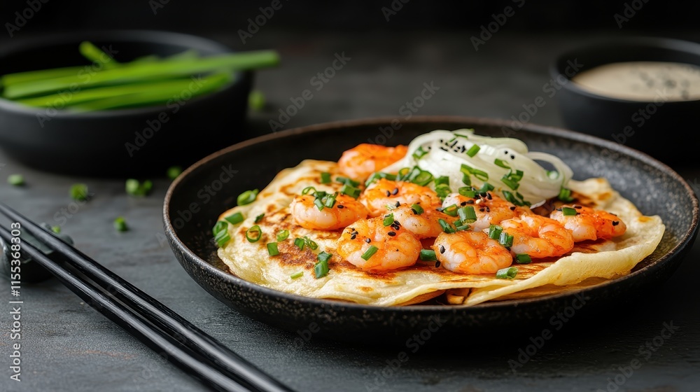 A delectable shrimp crepe garnished with chives and sauce, served on a black plate, with chopsticks and a side in a dark, elegant setting. A delectable shrimp crepe garnished with chives and sauce, served on a black plate, with chopsticks and a side in a dark, elegant setting.