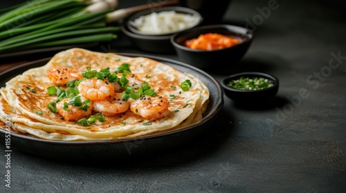 A plate of savory pancakes topped with shrimp, garnished with finely chopped herbs, serving as a delectable meal for lovers of innovative culinary creations. photo