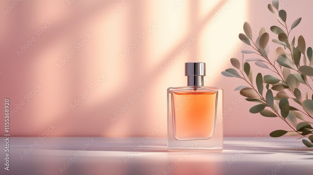 A perfume bottle is illuminated by warm sunlight, paired with natural accents like leaves, highlighting its organic beauty and simplicity with a peaceful ambiance. A perfume bottle is illuminated by warm sunlight, paired with natural accents like leaves, highlighting its organic beauty and simplicity with a peaceful ambiance.